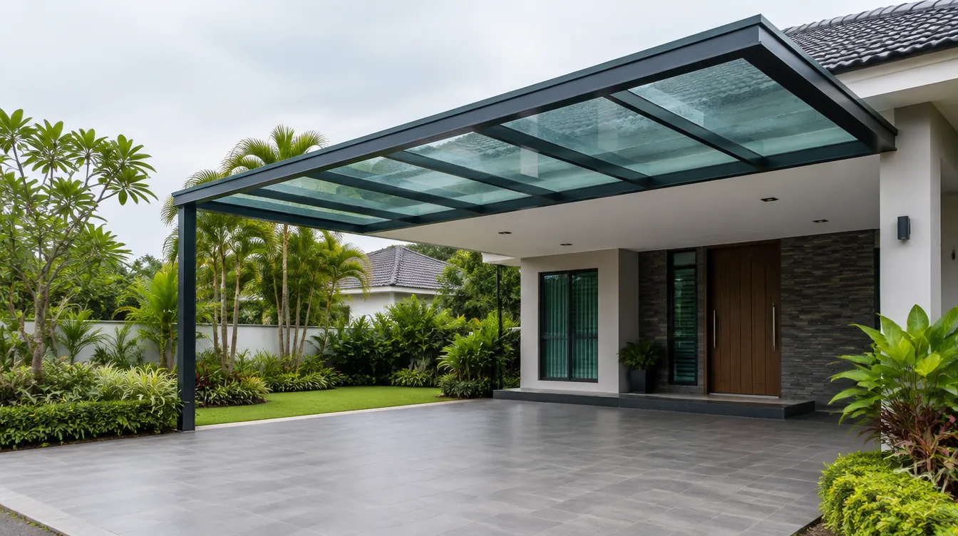 Laminated glass awning over a bungalow car porch in Kuala Lumpur