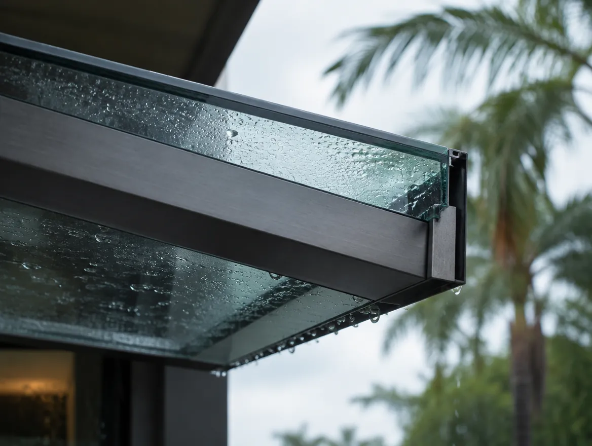 Laminated glass awning edge with concealed drainage channel in tropical rain