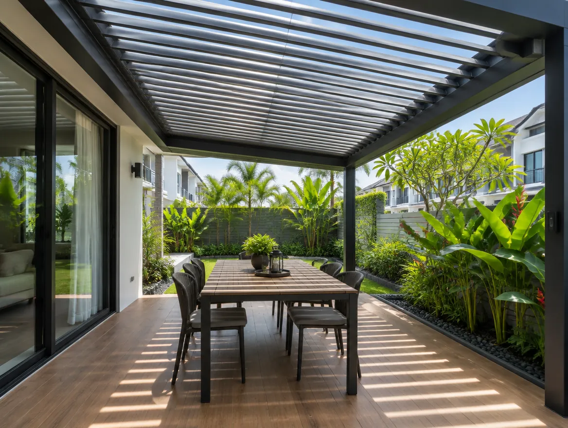 Aluminium louvred pergola in Kuala Lumpur by Eave Designs
